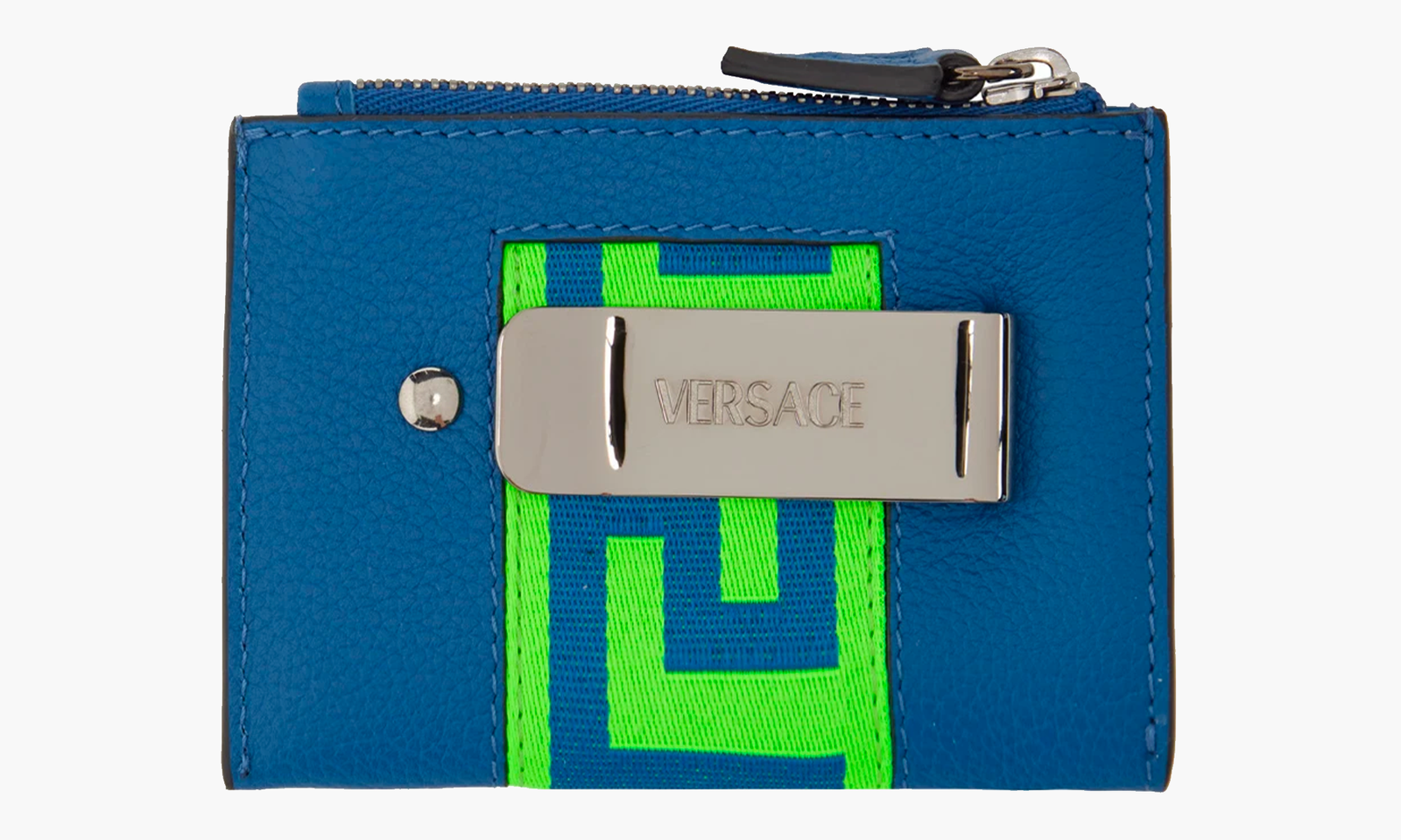 versace porte cartes bleu en cuir à pince pour billets